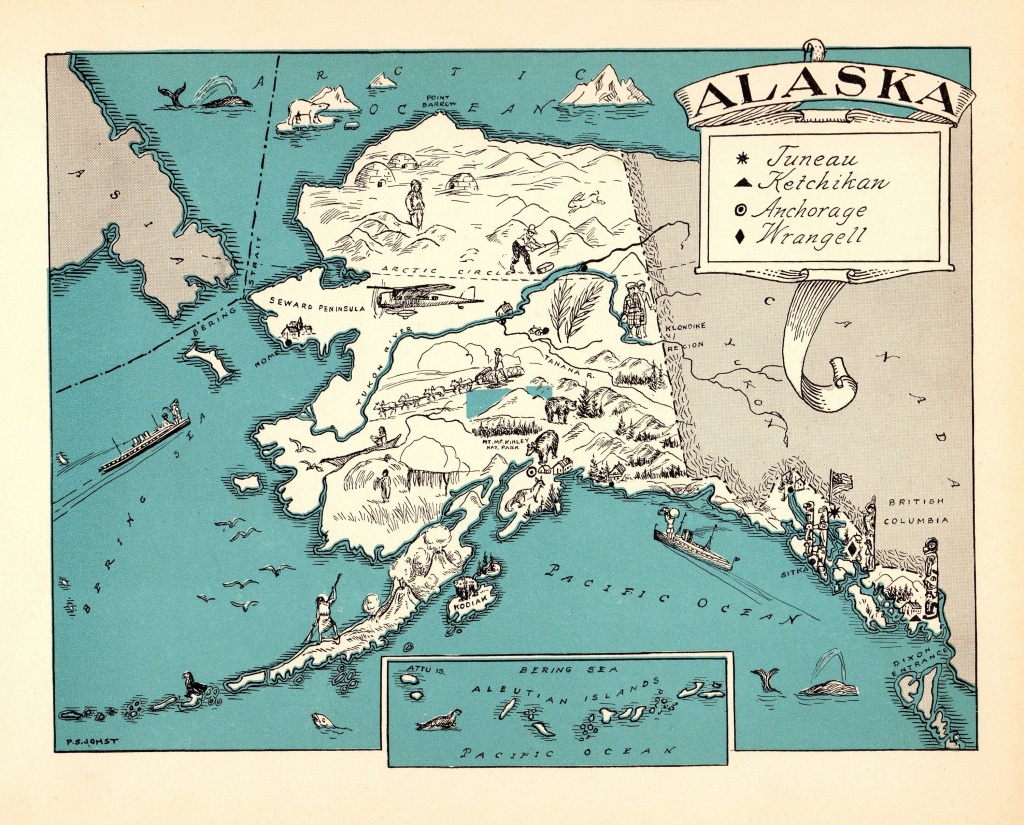 1930&amp;#039;s Vintage Alaska State Map Of Alaska Picture Cartoon Map Print - Alaska State Map Printable