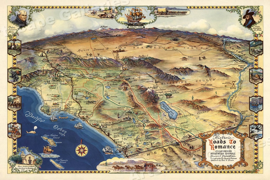 1946 Roads To Romance Southern California Old Map - 20X30 | Ebay - Old Maps Of Southern California