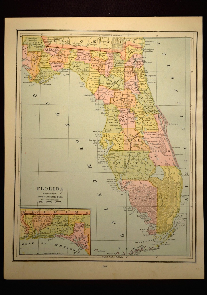 Antique Florida Map Of Florida Wall Decor Art Original Gift Idea - Florida Map Wall Art