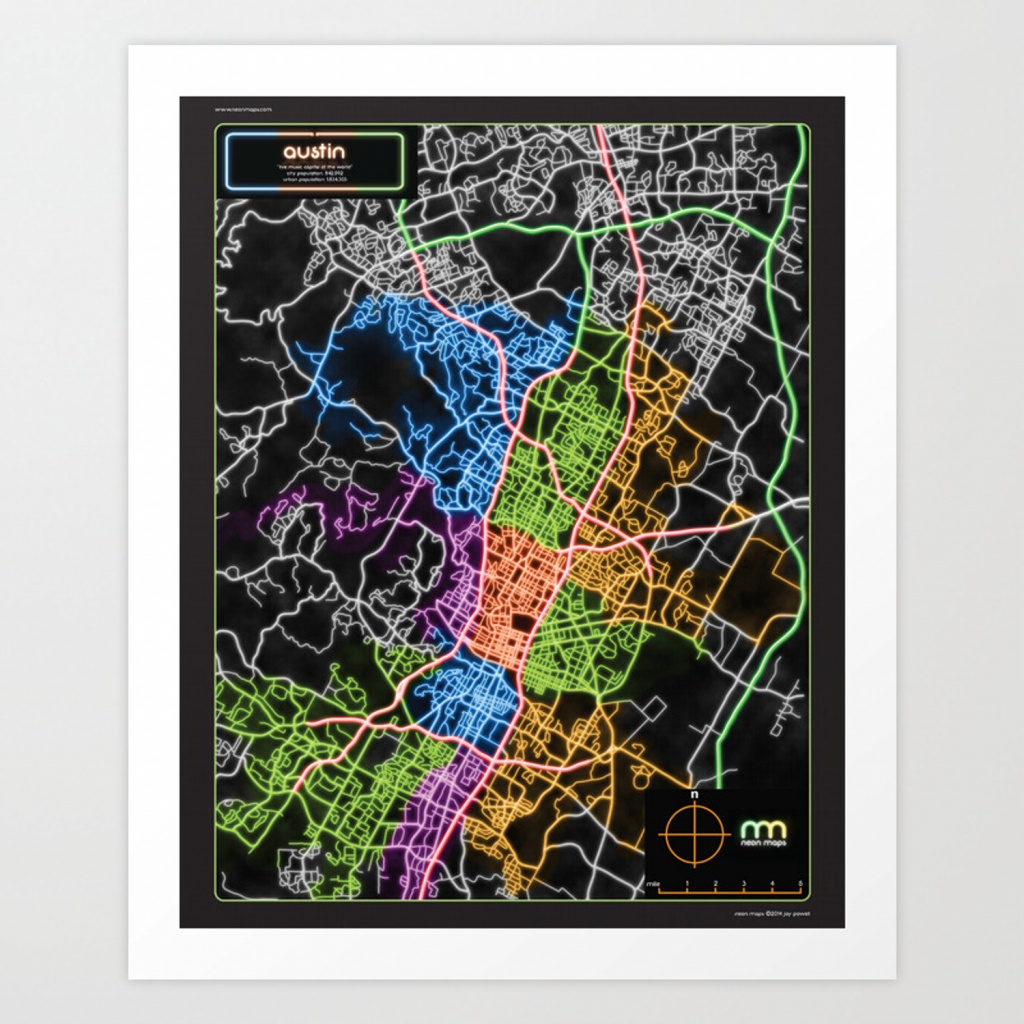 Austin Texas Street Map Poster In Neon Art Printneonmaps | Society6 - Street Map Of Austin Texas