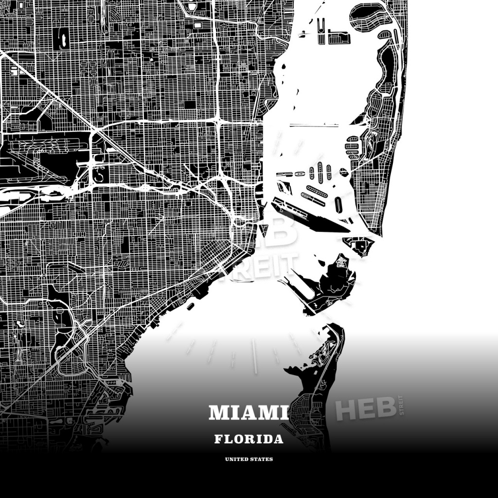 Black Map Poster Template Of Miami, Florida, Usa | Hebstreits Sketches - Florida Map Poster