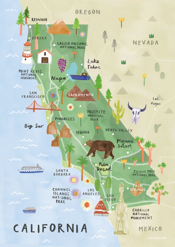 California Illustrated Map - California Print - California Map - Big Map Of California