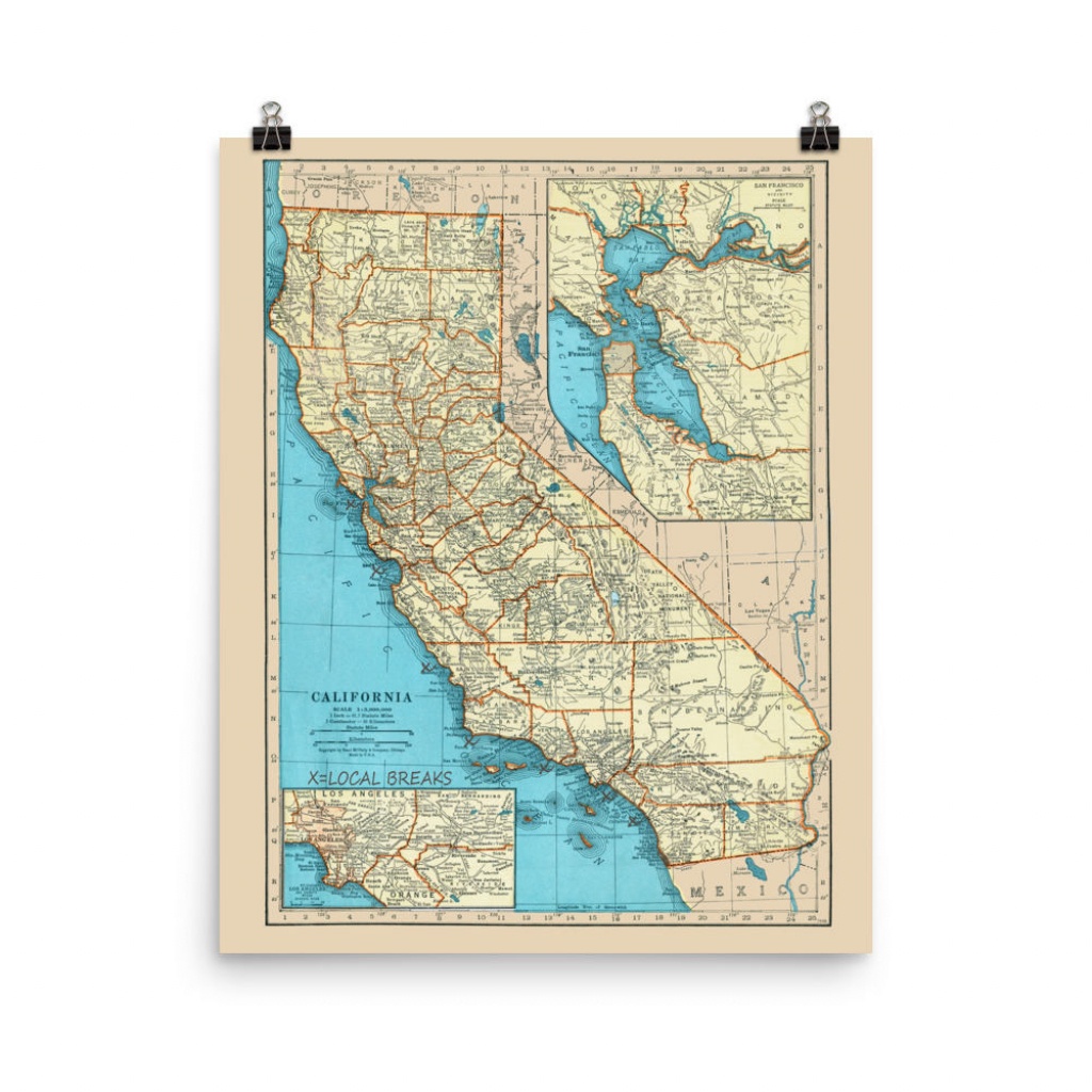 California Surf Poster Print California Surfing Spots Map | Etsy - California Surf Map