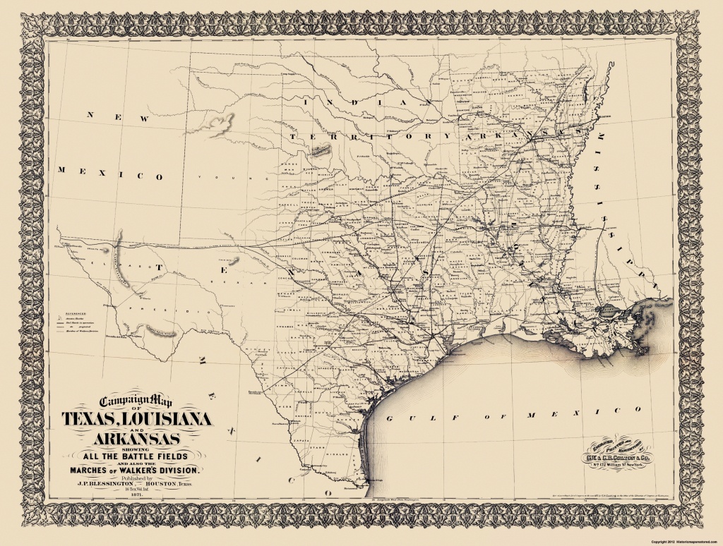 Civil War Map - Texas, Louisiana, &amp;amp; Arkansas 1871 - Texas Louisiana Border Map