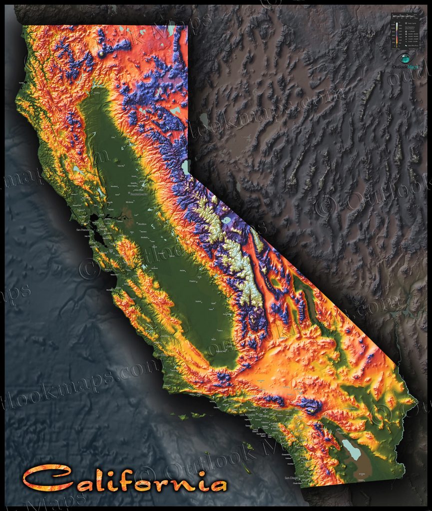 Colorful California Map  Topographical Physical Landscape - Topo Map Of California  Printable Maps