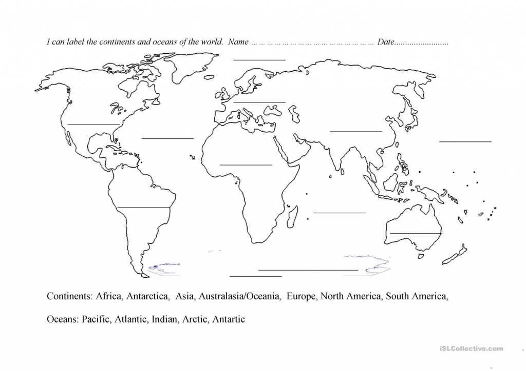 Continents And Oceans Blank Map Worksheet - Free Esl Printable - Blank Map Of The Continents And Oceans Printable