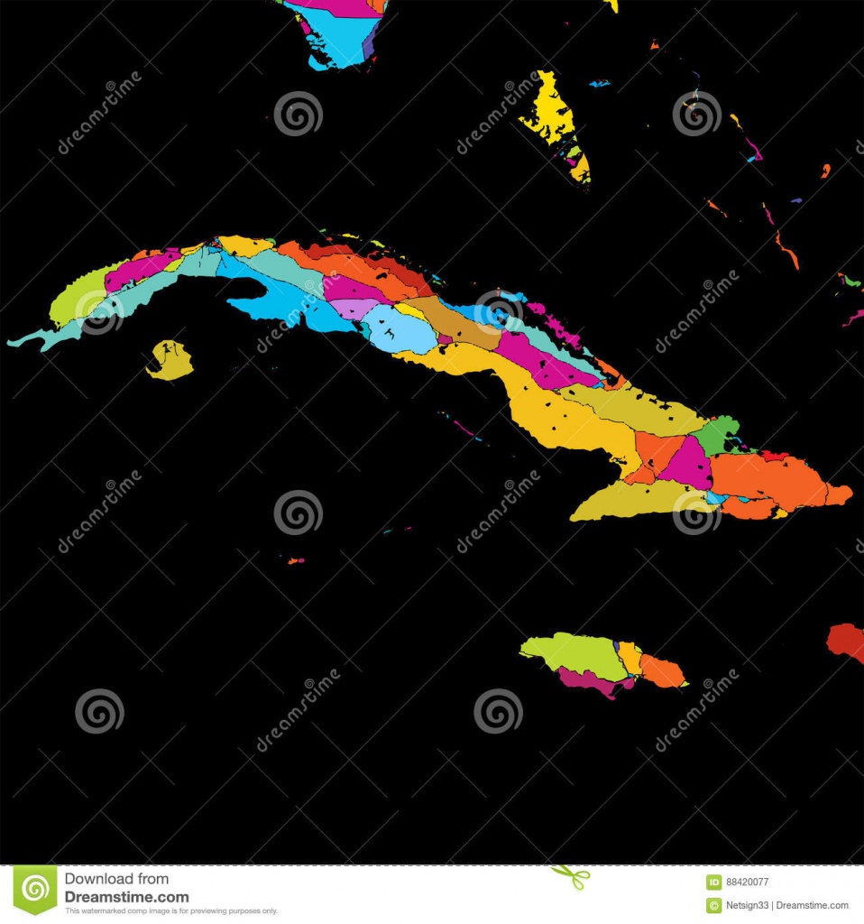 Cuba, Caribbean, Colorful Vector Map On Black Stock Vector - Printable Outline Map Of Cuba