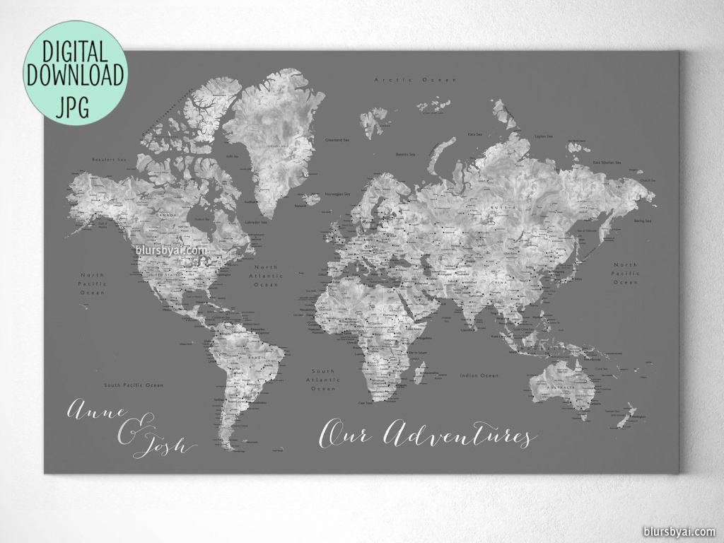 Custom Quote Printable Gray World Map With Cities, Capitals - Custom Printable Maps