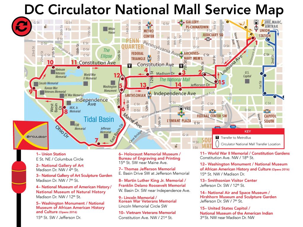 D c Circulator National Mall Route Washington Dc City Map Printable