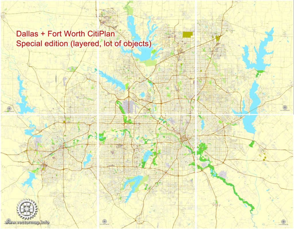 Dallas + Fort Worth Tx Pdf Map, Us, Exact Vector Street Cityplan Map - Street Map Of Dallas Texas