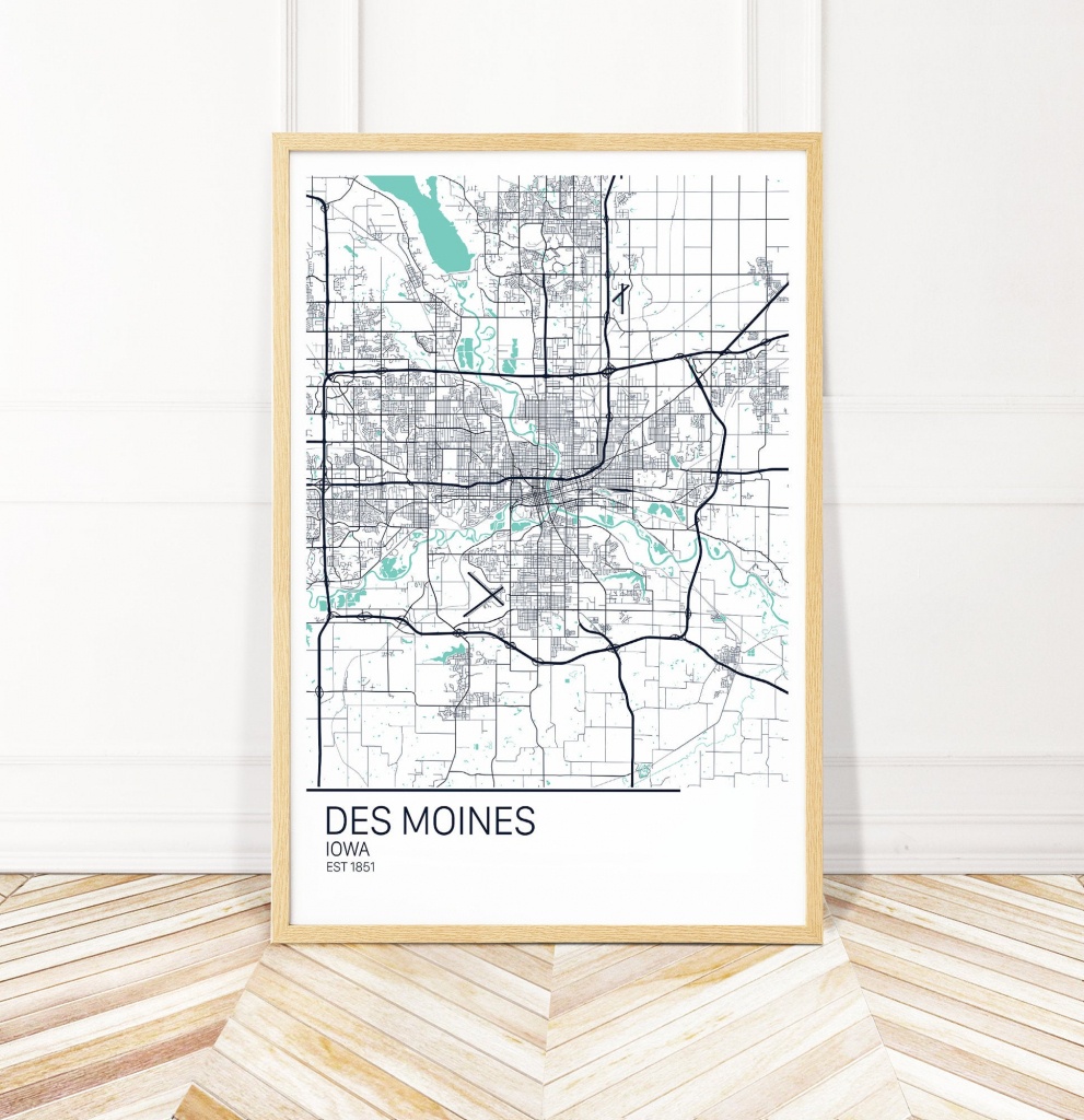 Des Moines Iowa Map Art Print Map Of Des Moines Iowa City | Etsy - Printable Map Of Des Moines Iowa