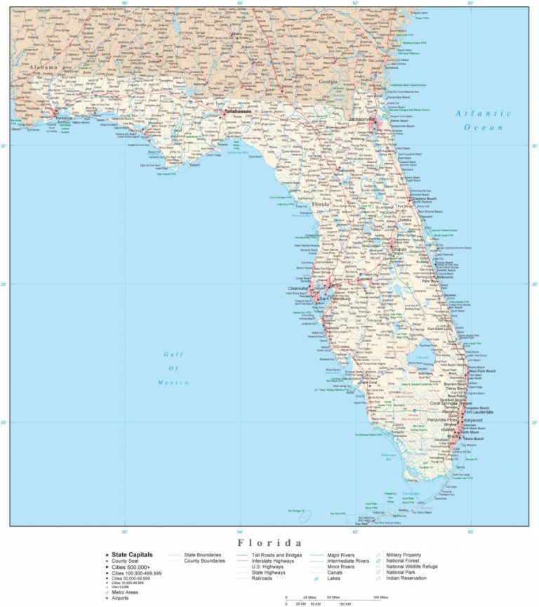 Detailed Florida Digital Map With County Boundaries, Cities - Florida ...