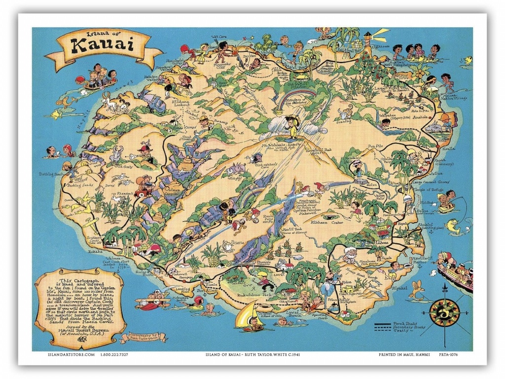 Details About Hawaii Island Map Kauai - White - 1941 Vintage Travel - Printable Map Of Kauai
