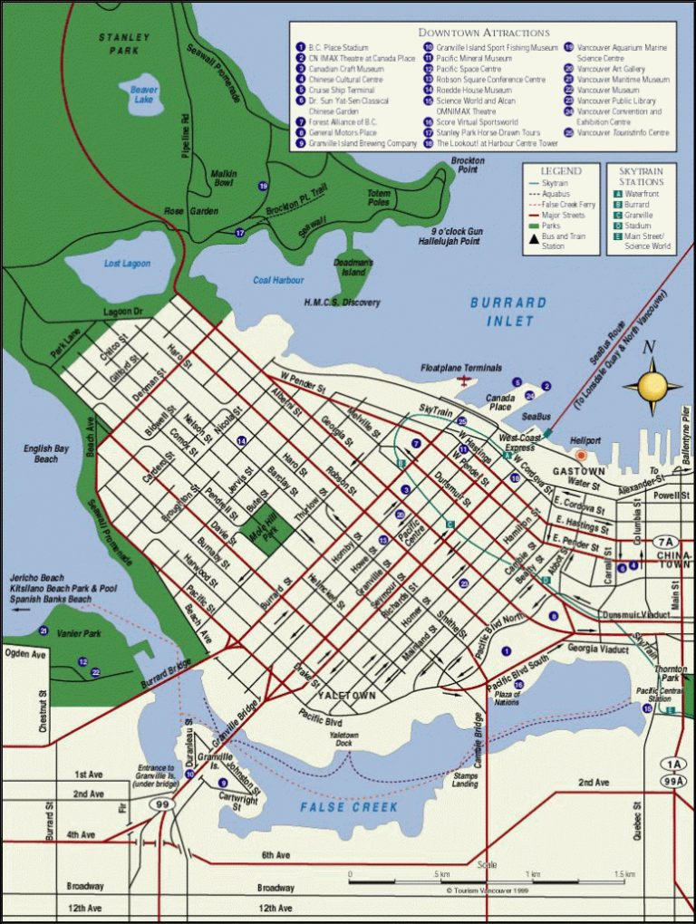 Downtown Vancouver Map - Tourist Attractions In Vancouver - Printable ...