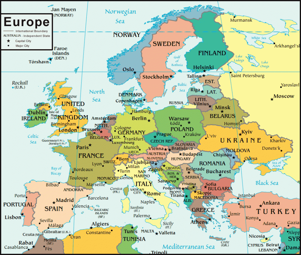 Europe Map And Satellite Image - Printable Political Map Of Europe