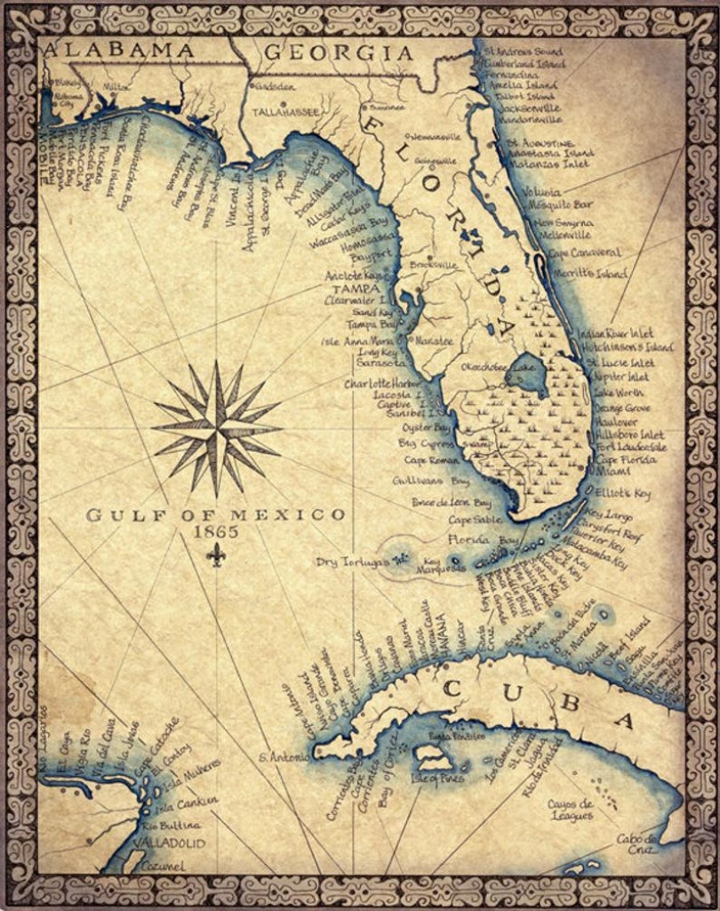 Florida Map Art Print C .1865 11 X 14 Hand Drawn | Etsy - Florida Map Art