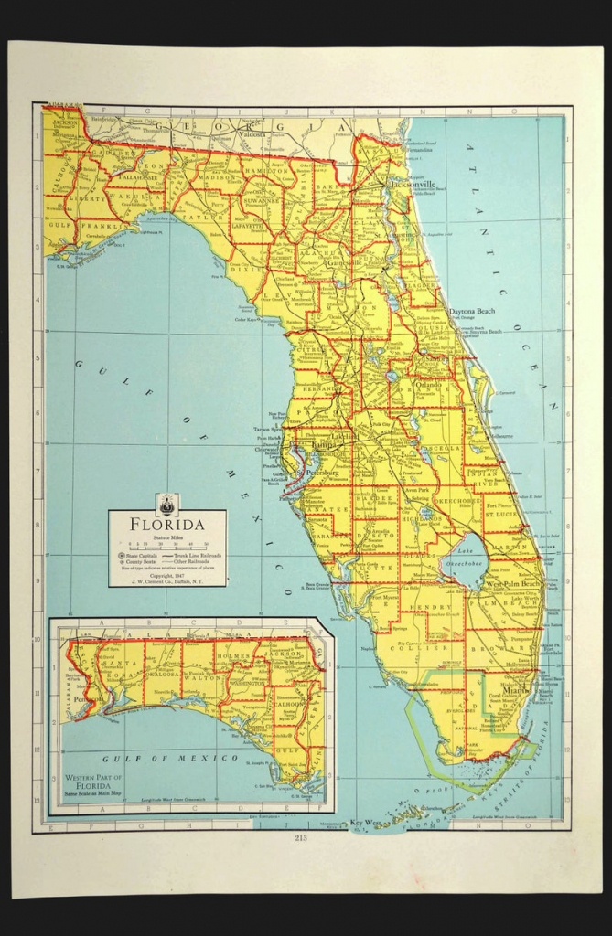 Florida Map Of Florida Wall Art Decor Colorful Yellow Vintage | Etsy - Florida Map Wall Art