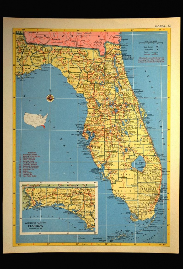 Florida Map Of Florida Wall Art Decor Vintage 1950S Original | Etsy - Vintage Florida Maps For Sale
