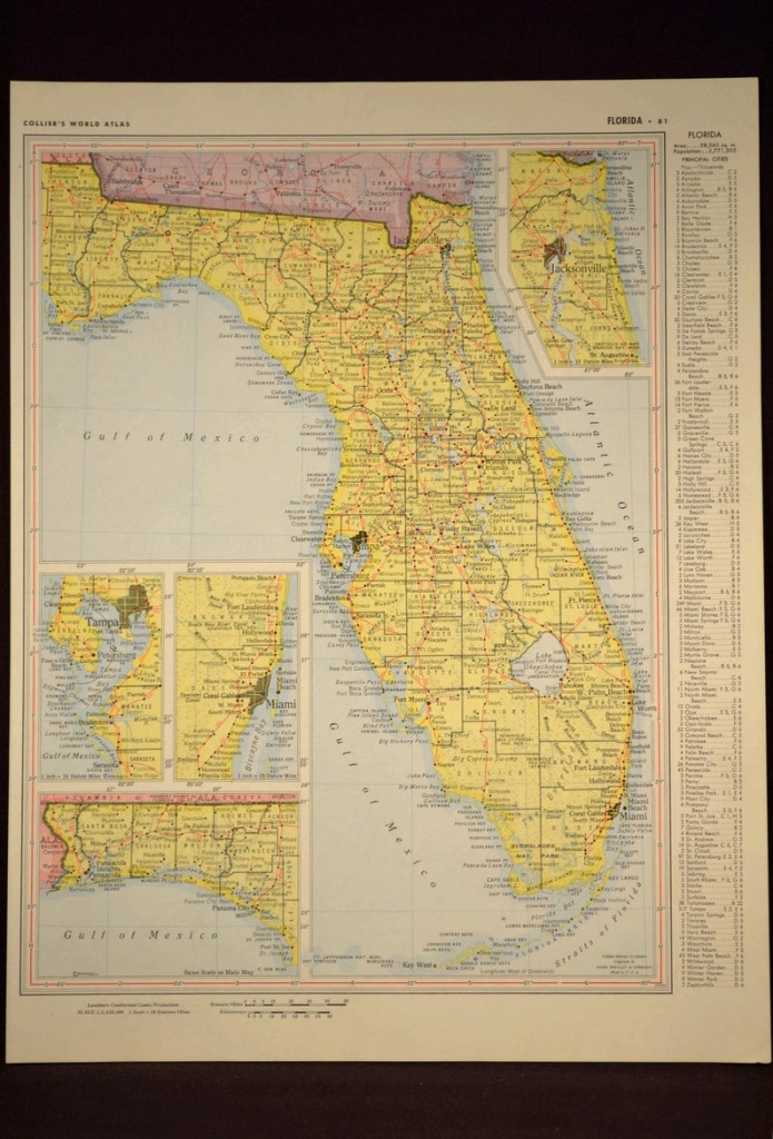 Florida Map Of Florida Wall Art Decor Yellow Original Vintage | Etsy - Florida Map Wall Art