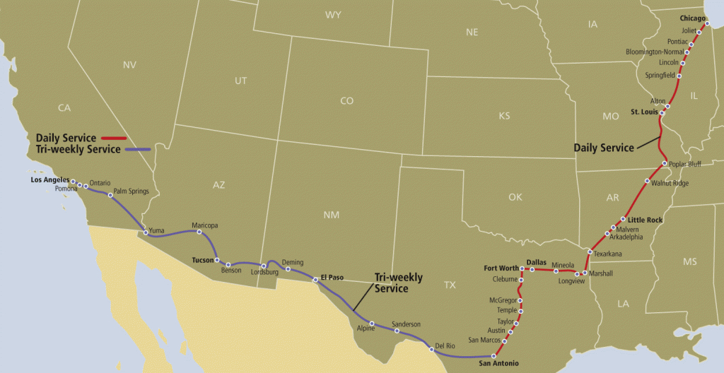 From The South To The Depot Inn - Amtrak Texas Eagle Route Map