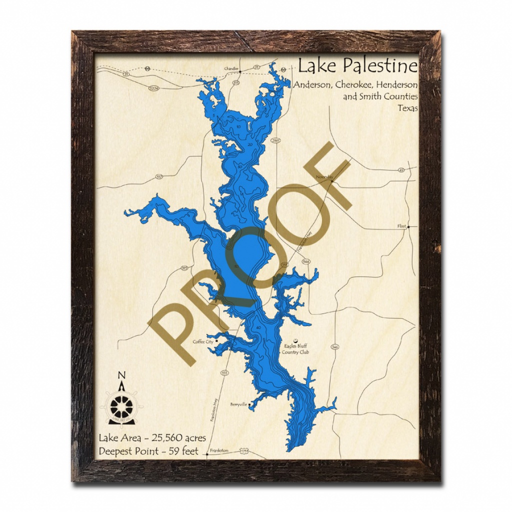 Lake Palestine, Texas 3D Wooden Map | Framed Topographic Wood Chart - Palestine Texas Map