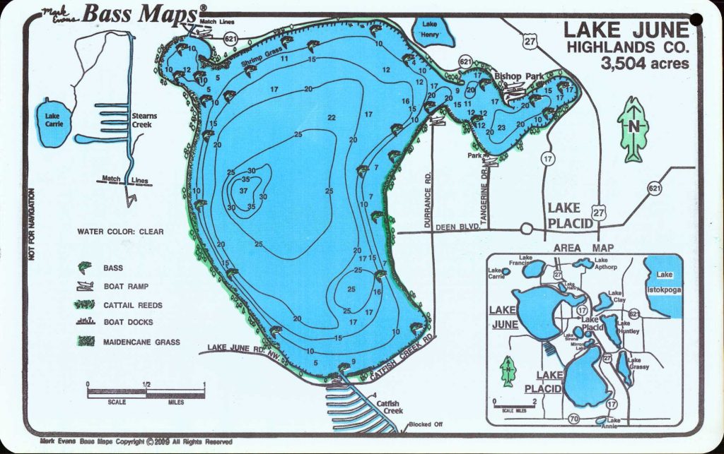 Lakes Placid June Bass Map 2 Sided Map Mark Evans Maps Lake Placid Florida Map 1024x643 