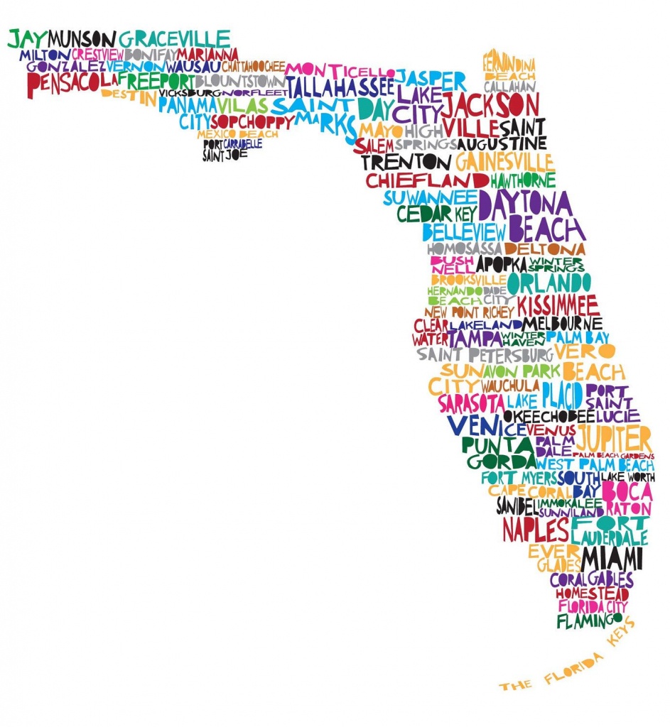 Large Florida Digital Illustration Print Of Florida With Cities - Florida Map Art