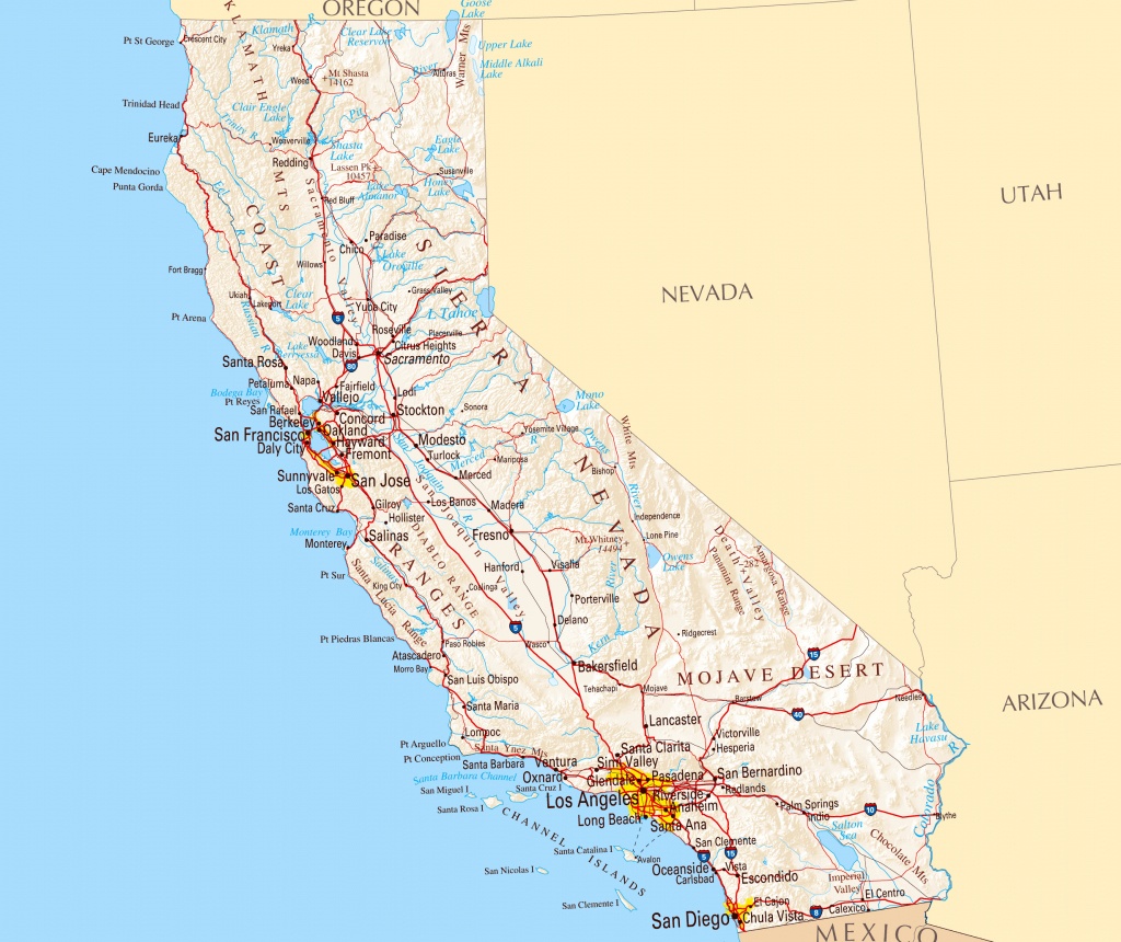 Large Road Map Of California Sate With Relief And Cities | Vidiani - Driving Map Of California