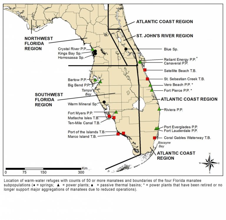 Manatees And Warm Water Refuges Marine Mammal Commission Manatee Florida Map 768x748 