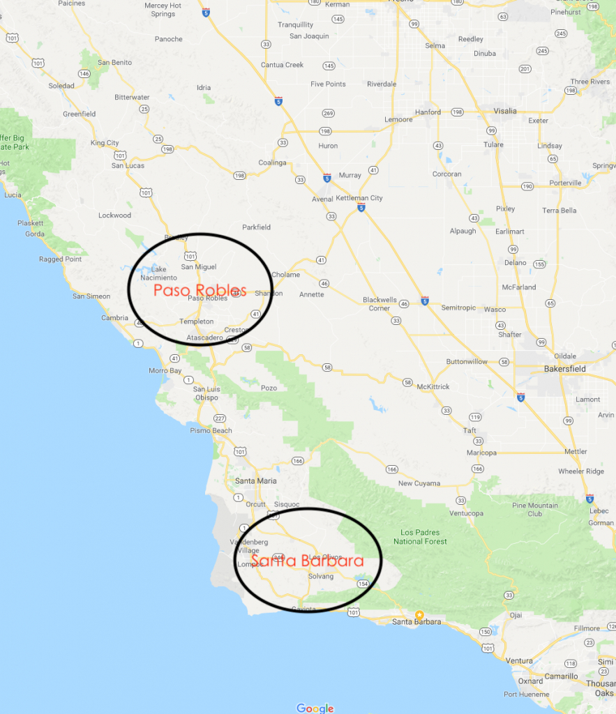 Map Central Coast Paso &amp;amp; Santa Barbara Regions - Crushed Grape - Santa Barbara California Map