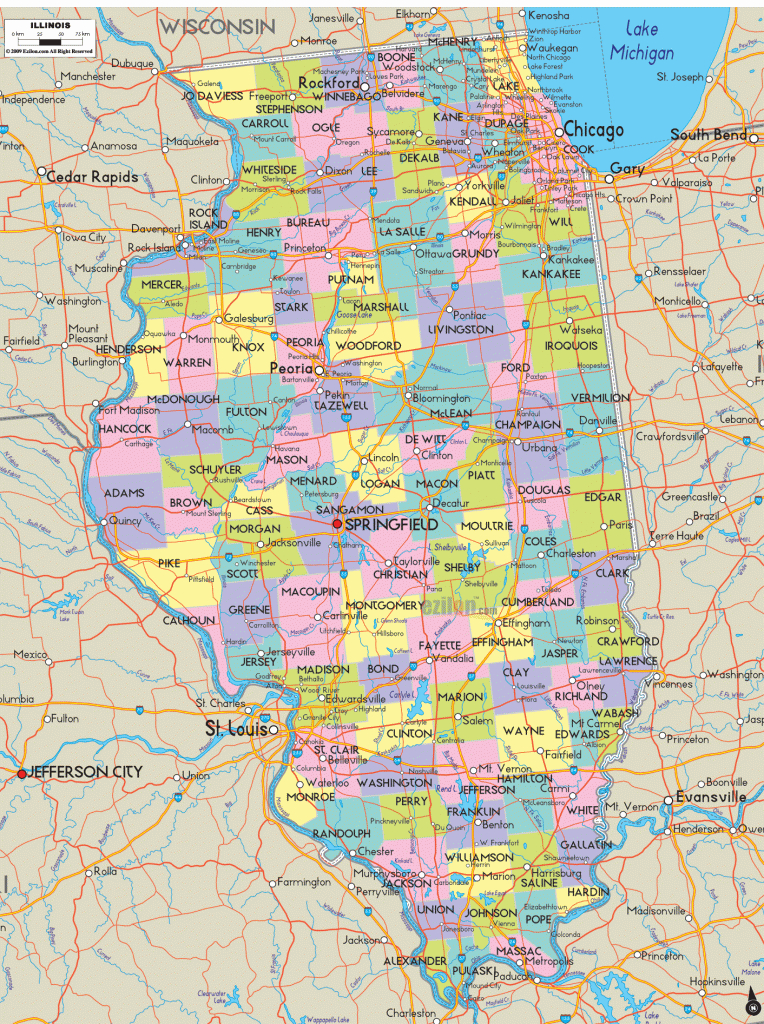 Map Of Illinois With Good Outlines Of Cities, Towns And Road Map Of - Illinois County Map Printable