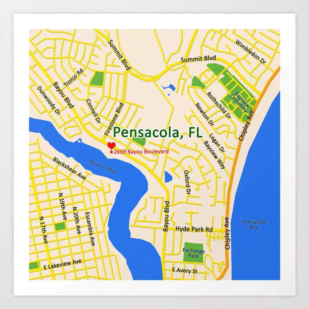 Map Of Pensacola, Fl Art Print - Printable Map Of Pensacola Florida
