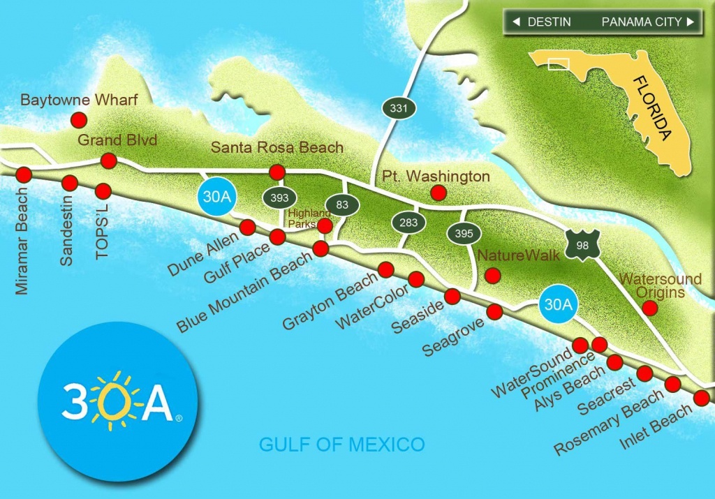 Map Of Scenic 30A And South Walton, Florida - 30A Panhandle Coast - Florida Gulf Coast Beaches Map