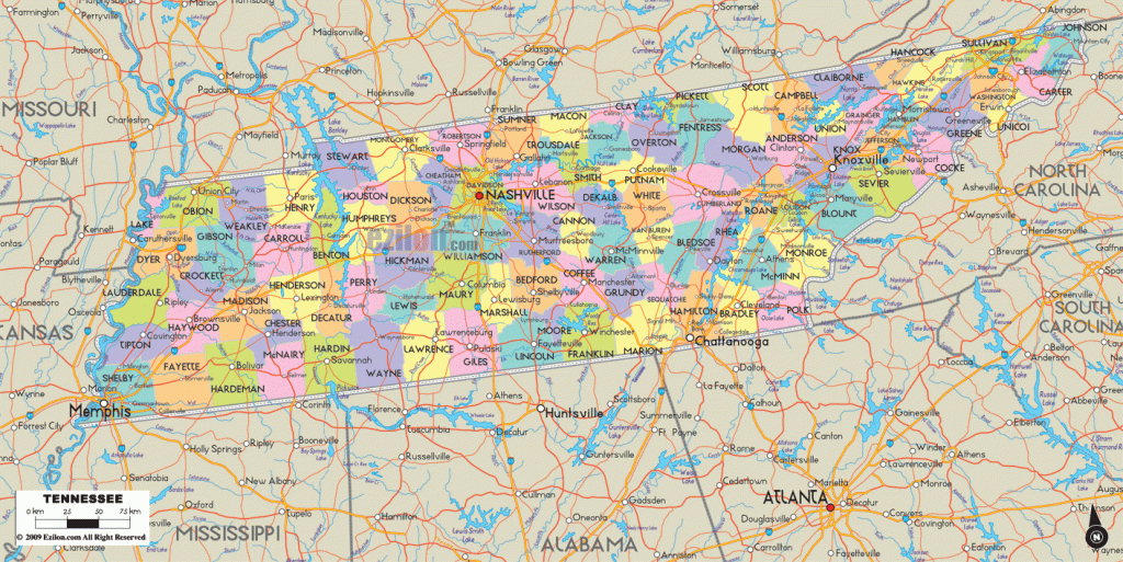 Map Of State Of Tennessee, With Outline Of The State Cities, Towns - Printable Map Of Tennessee With Cities