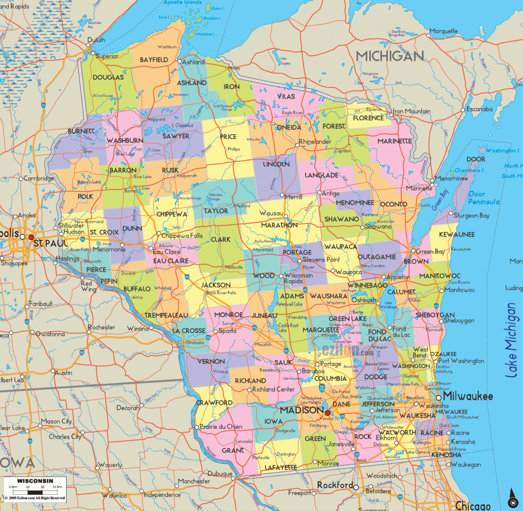 Map Of State Of Wisconsin, With Outline Of The State Cities, Towns - Map Of Wisconsin Counties Printable