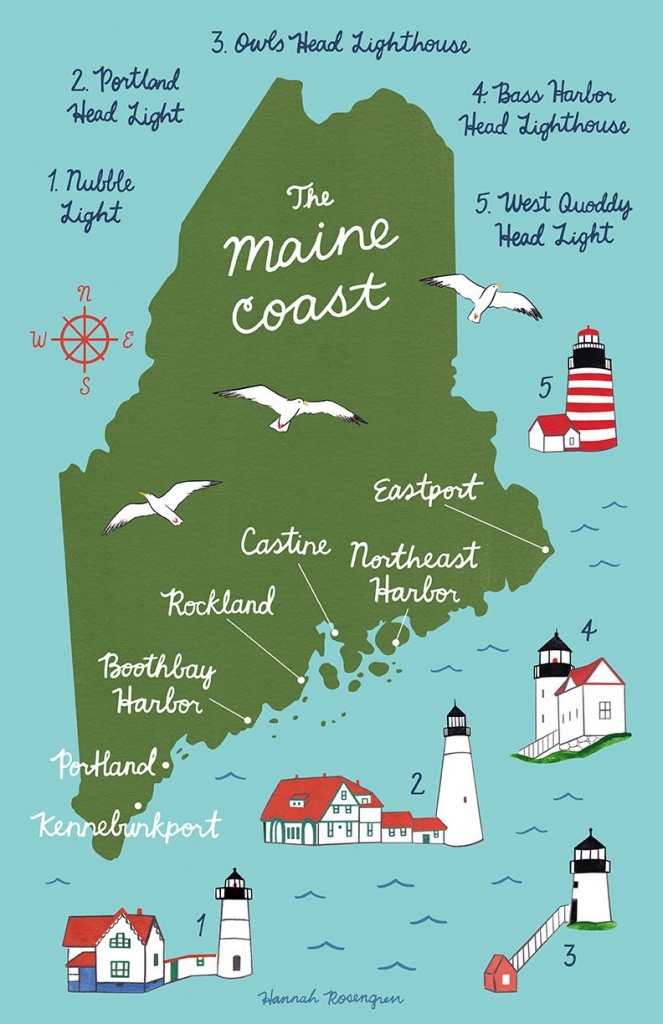 Map Of The Maine Coast! | * M Y _ W O R K * | Map Art, Art Prints Et Art - Printable Map Of Maine Lighthouses