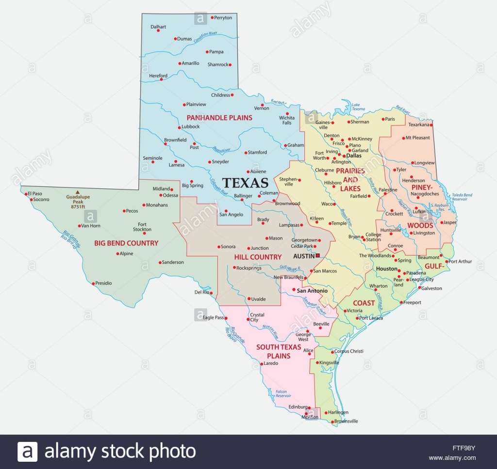 Map Of The Seven Regions In The State Texas Stock Vector Art - Brady Texas Map