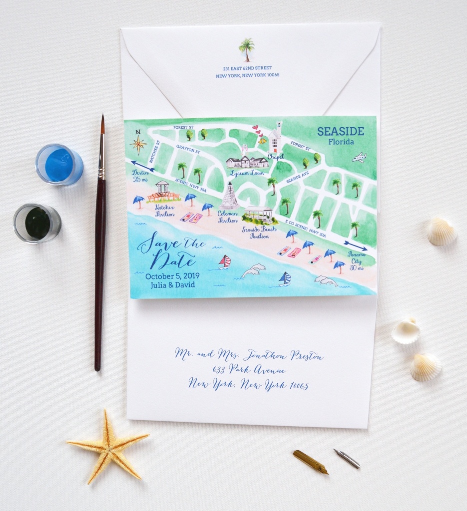 Map Save The Date, Seaside Wedding Save The Date | Mospens Studio - Map Of Watercolor And Seaside Florida