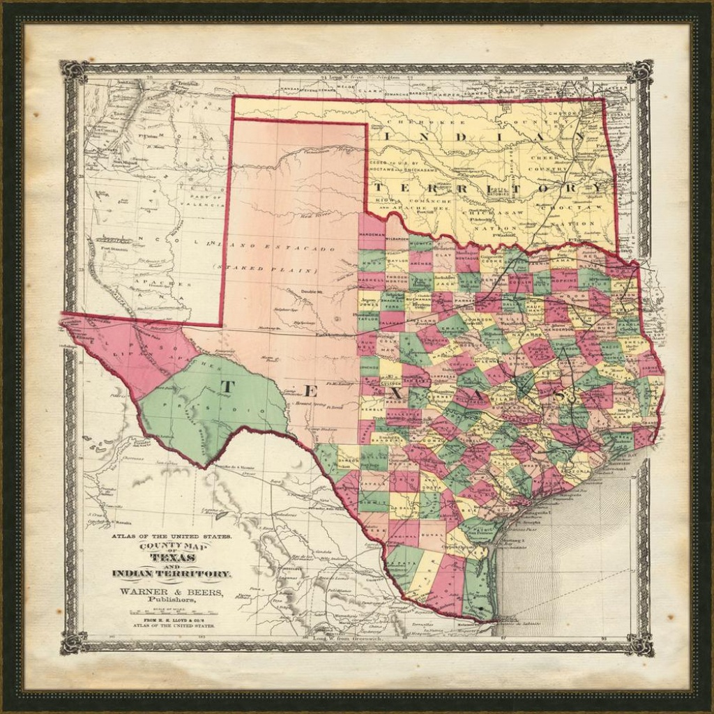 Melissa Van Hise 32 In. X 32 In. &amp;quot;vintage Map Of Texas&amp;quot; Framed - Vintage Texas Map Framed