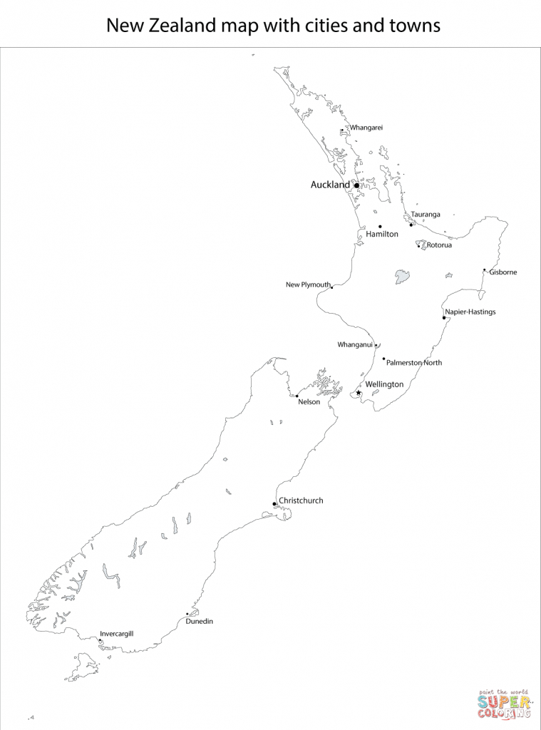 New Zealand Map With Cities And Towns Coloring Page | Free Printable - Outline Map Of New Zealand Printable