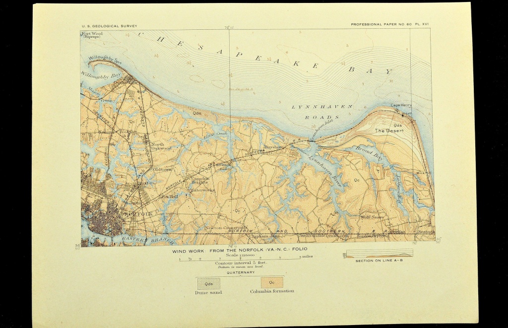 Norfolk Map Of Norfolk Virginia Topographic Print Antique Usgs Ocean - Printable Map Of Norfolk Va