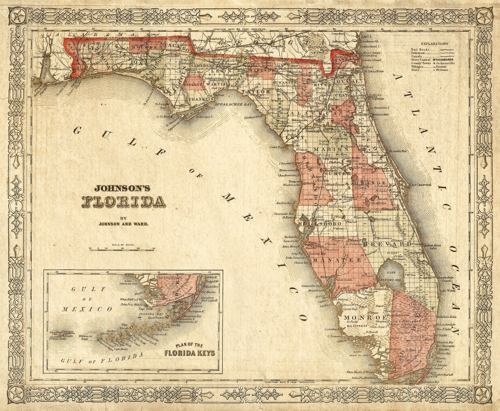 Old Florida Map 1863 Johnson&amp;#039;s Map Of Florida Restoration Style - Antique Florida Maps For Sale