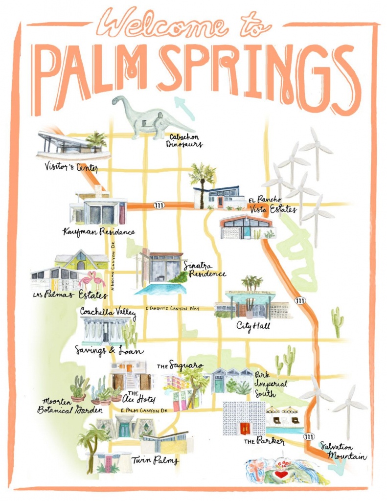 Palm Springs California Illustrated Travel Map Print Of Watercolor - Where Is Palm Desert California Map