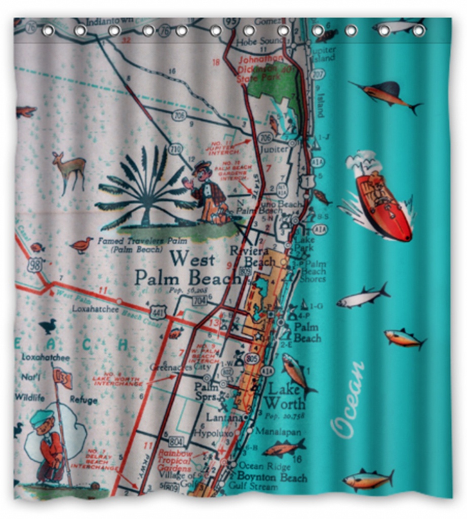 Retro Beach Map Shower Curtain West Palm Beach Jupiter Lake | Etsy - Florida Map Shower Curtain