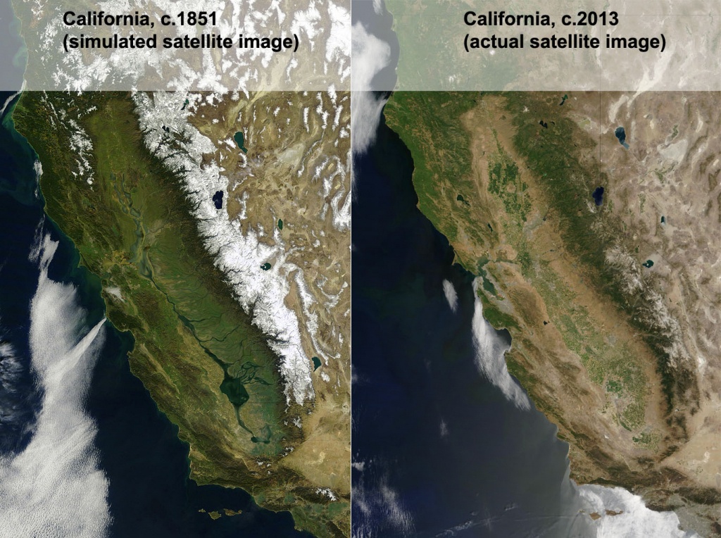 Simulated Satellite Image Of California Circa 1851 Vs Image From - California Map Satellite