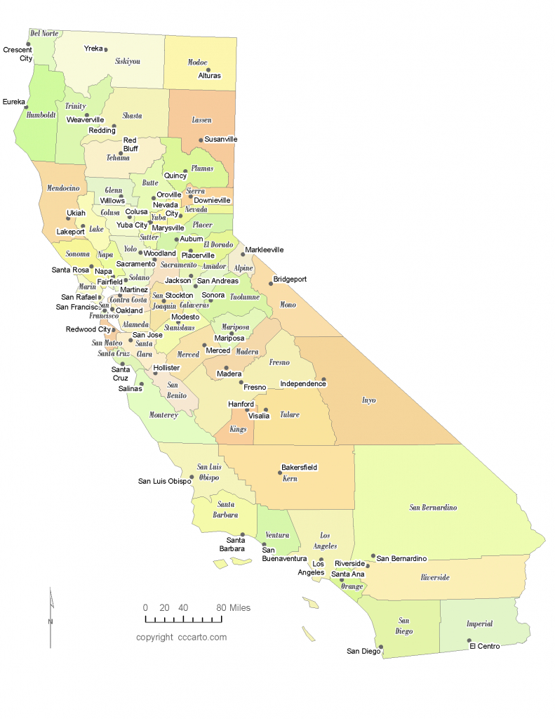 State Of California County Map With The County Seats - Cccarto - California County Map