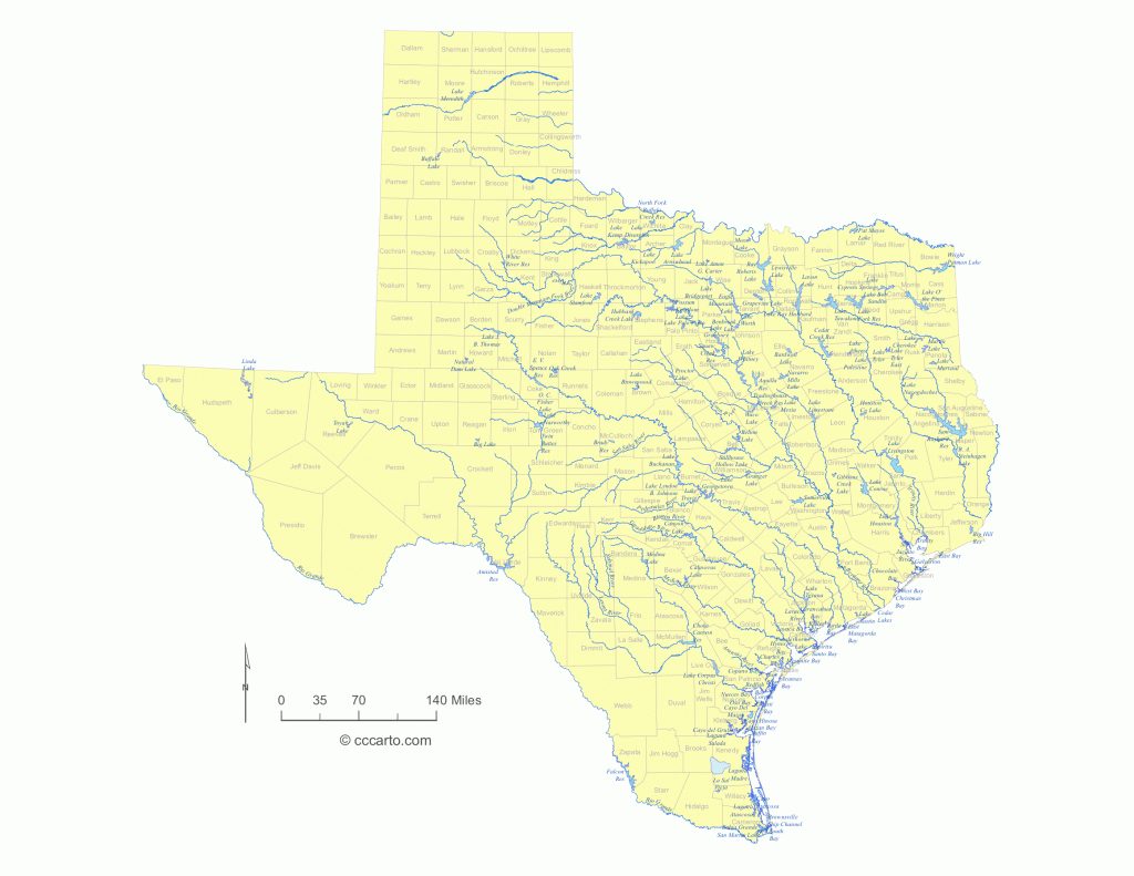 State Of Texas Water Feature Map And List Of County Lakes, Rivers