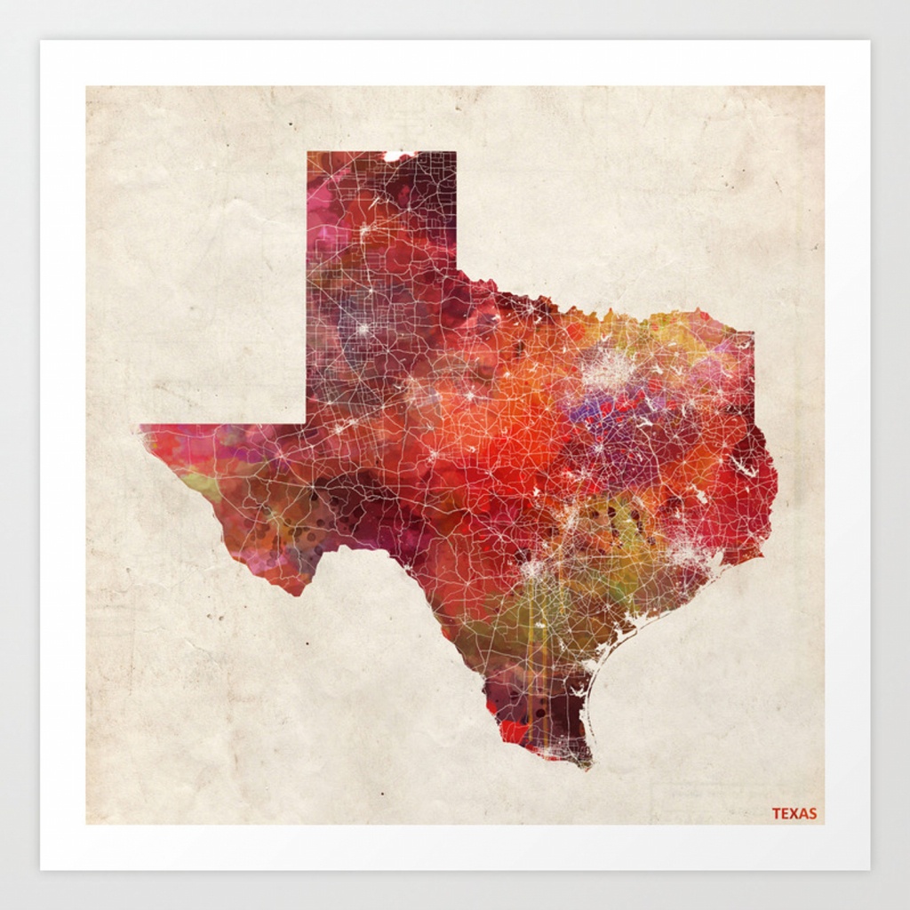Texas Map Art Printmapmapmapswatercolors | Society6 - Texas Map Artwork