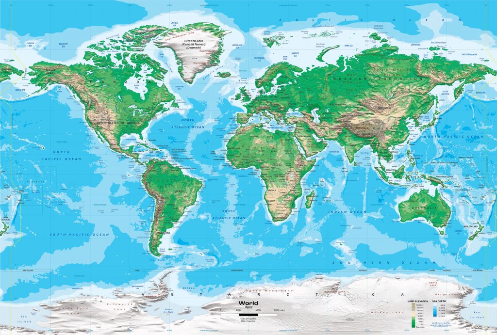 Topographic World Wall Map - Miller Projection - Printable Topo Maps Online  Printable Maps