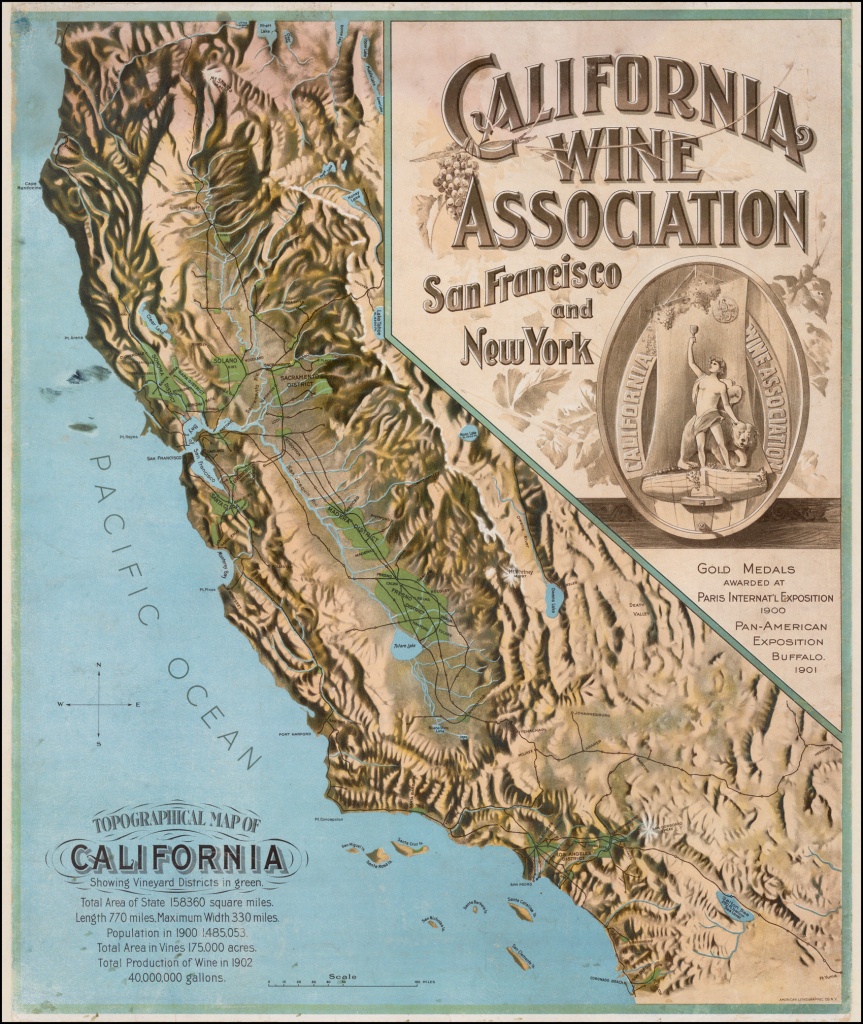 Topographical Map Of California Showing Vineyard Districts In Green - Baja California Topographic Maps